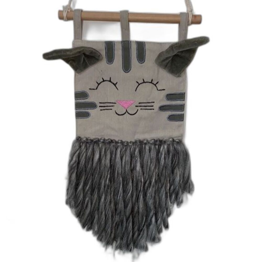 CAT Wall Hanging Textured Animal Natural Room Decor Gray Kitten Wall Art boho